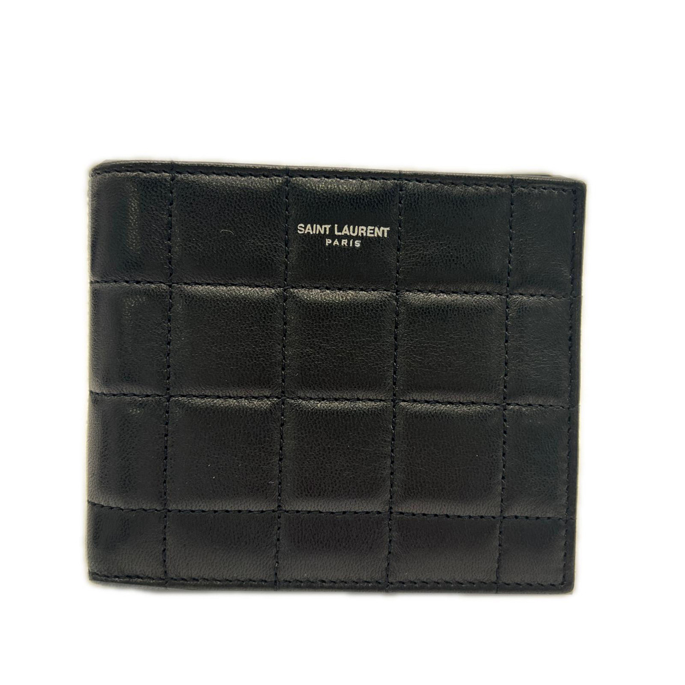 YVES SAINT LAURENT Calf Leather Quilted Logo Compact Wallet 756284 Bi-fold Bl...